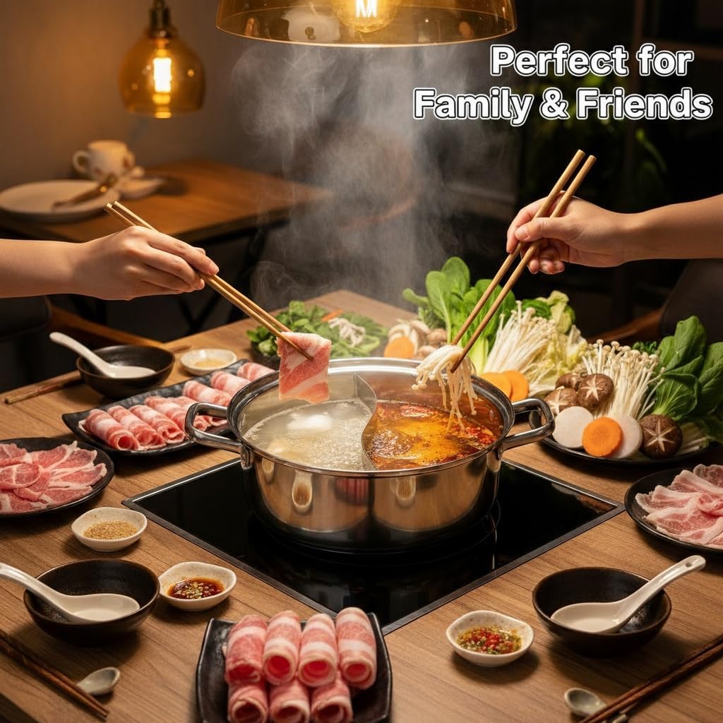 HEMOTON Hot Pot mit Trennwand Edelstahl Shabu Shabu Topf mit Glasdeckel Kochgeschirr Set Hot Pot Sup