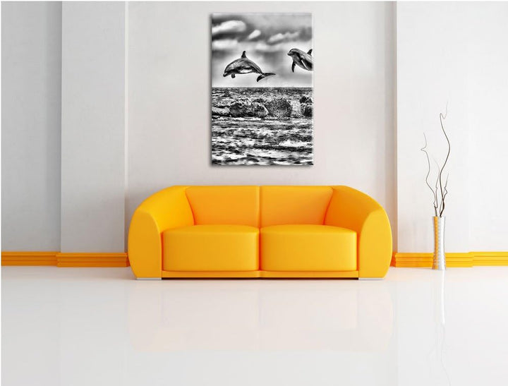 Pixxprint springende Delphine / 100x70cm Leinwandbild bespannt auf Holzrahmen/Wandbild Kunstdruck De