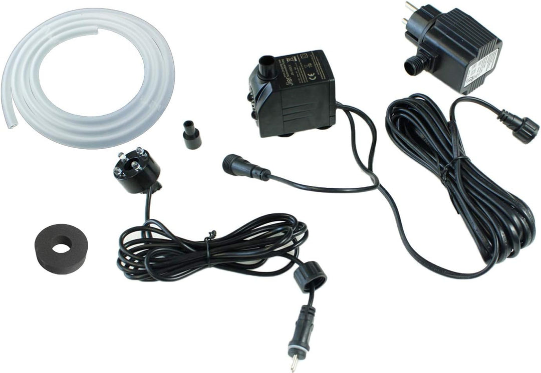 Springbrunnenpumpe 450 L/H mit 1x LED Spot Komplett Set mit Schlauch Gartenbrunnen Ersatzpumpe Bachl