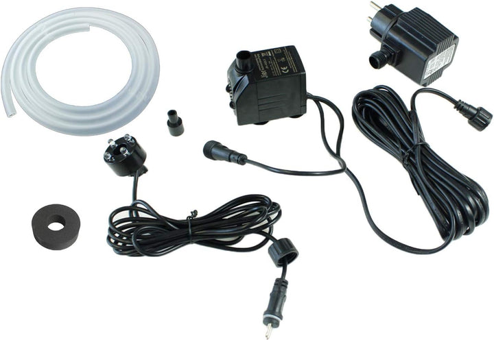 Springbrunnenpumpe 450 L/H mit 1x LED Spot Komplett Set mit Schlauch Gartenbrunnen Ersatzpumpe Bachl