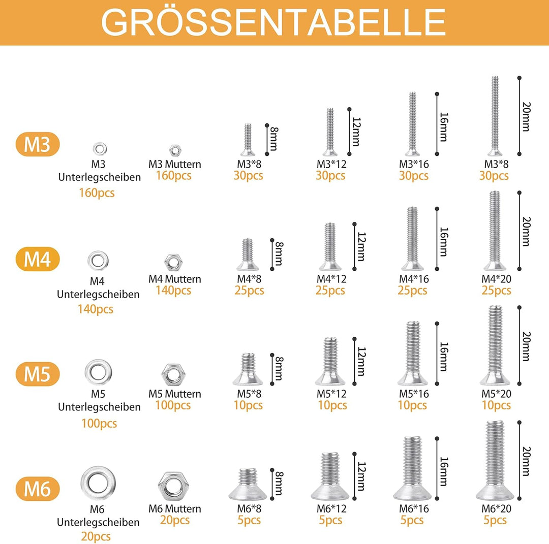 VIGRUE 1120PCS M3 M4 M5 M6 Senkkopfschrauben mit Innensechskant Hex flach-Knopf Schraube Set A2-70Ed