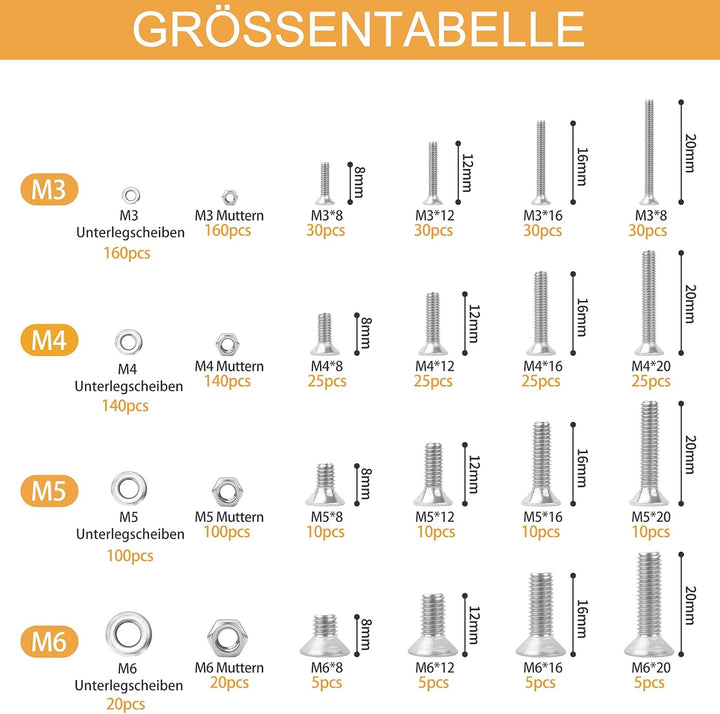 VIGRUE 1120PCS M3 M4 M5 M6 Senkkopfschrauben mit Innensechskant Hex flach-Knopf Schraube Set A2-70Ed