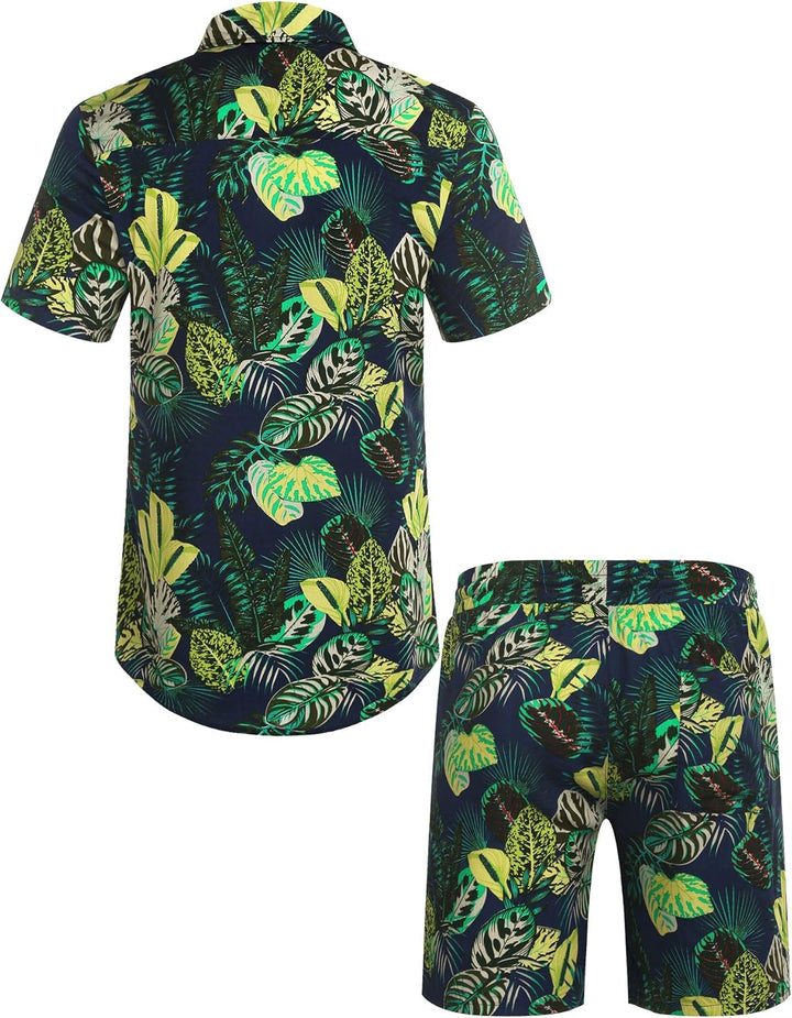 COOFANDY Herren Hemd Kurzarm Sommerhemd Floral Hawaiihemd Flamingo Party Hemden und Shorts Set Stran