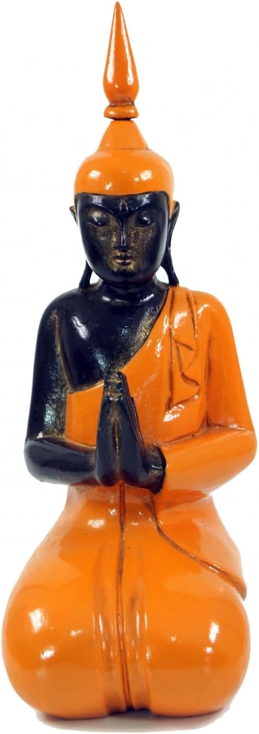 GURU SHOP Geschnitzter Kniender Buddha im Anjali Mudra - Orange 37 cm, Buddhas, Orange 37 Cm