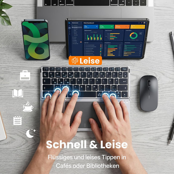 Faltbare Tastatur mit Touchpad, Bluetooth Tastatur Tablet, Tastatur Kabellos Leise mit Hüllenhalter,