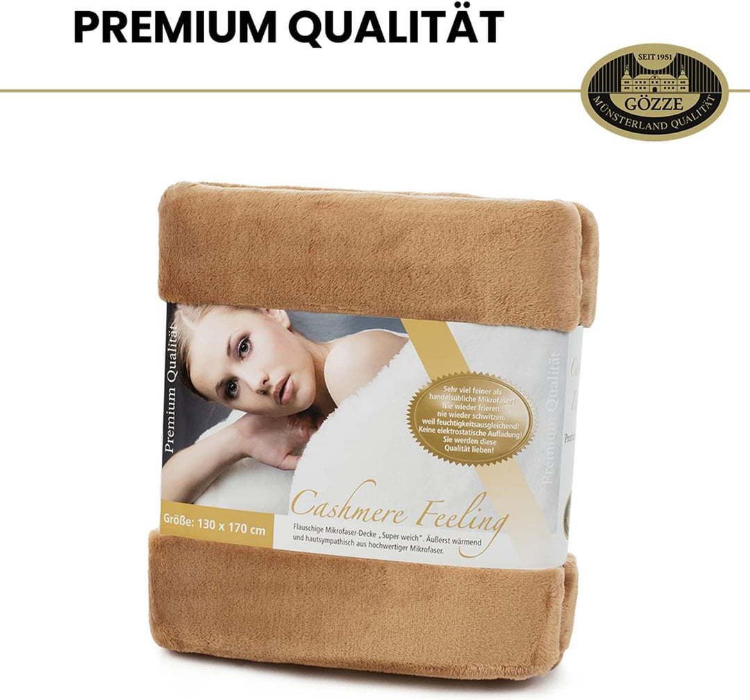 Gözze - Premium Cashmere-Feeling Wohn- und Kuscheldecke, 500 g/m², 130 x 170 cm - Sand, Offwhite San