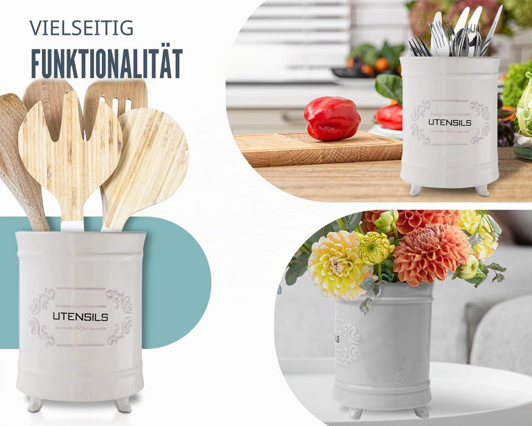 Comfify Französischer weisser Keramik-Utensilienhalter - Vintage Style Kochgeschirr Caddy - Antikes
