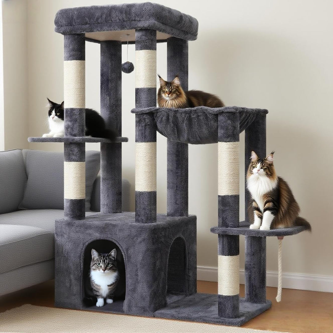 Heybly Kratzbaum 120cm - Grosser Katzenbaum für Erwachsene Katzen mit XL-Basis, Katzenwohnung mit Me