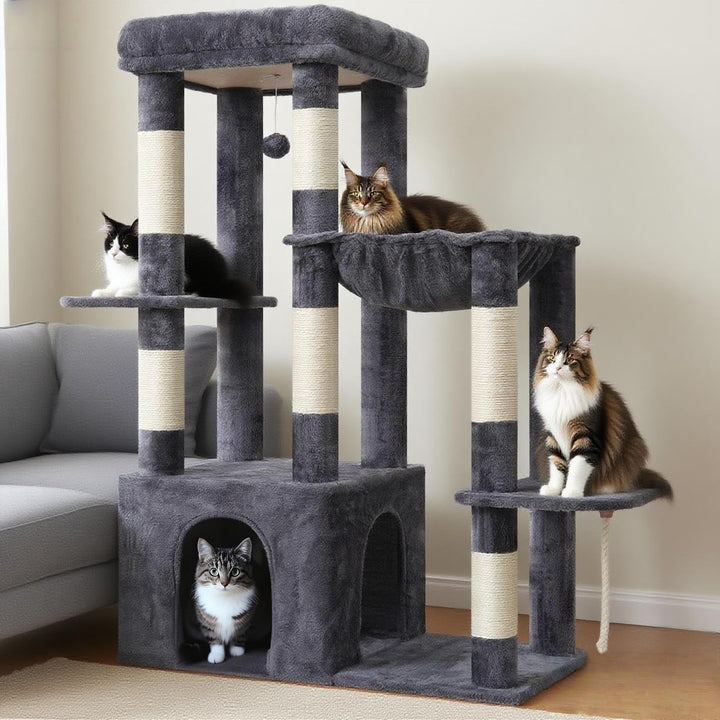 Heybly Kratzbaum 120cm - Grosser Katzenbaum für Erwachsene Katzen mit XL-Basis, Katzenwohnung mit Me