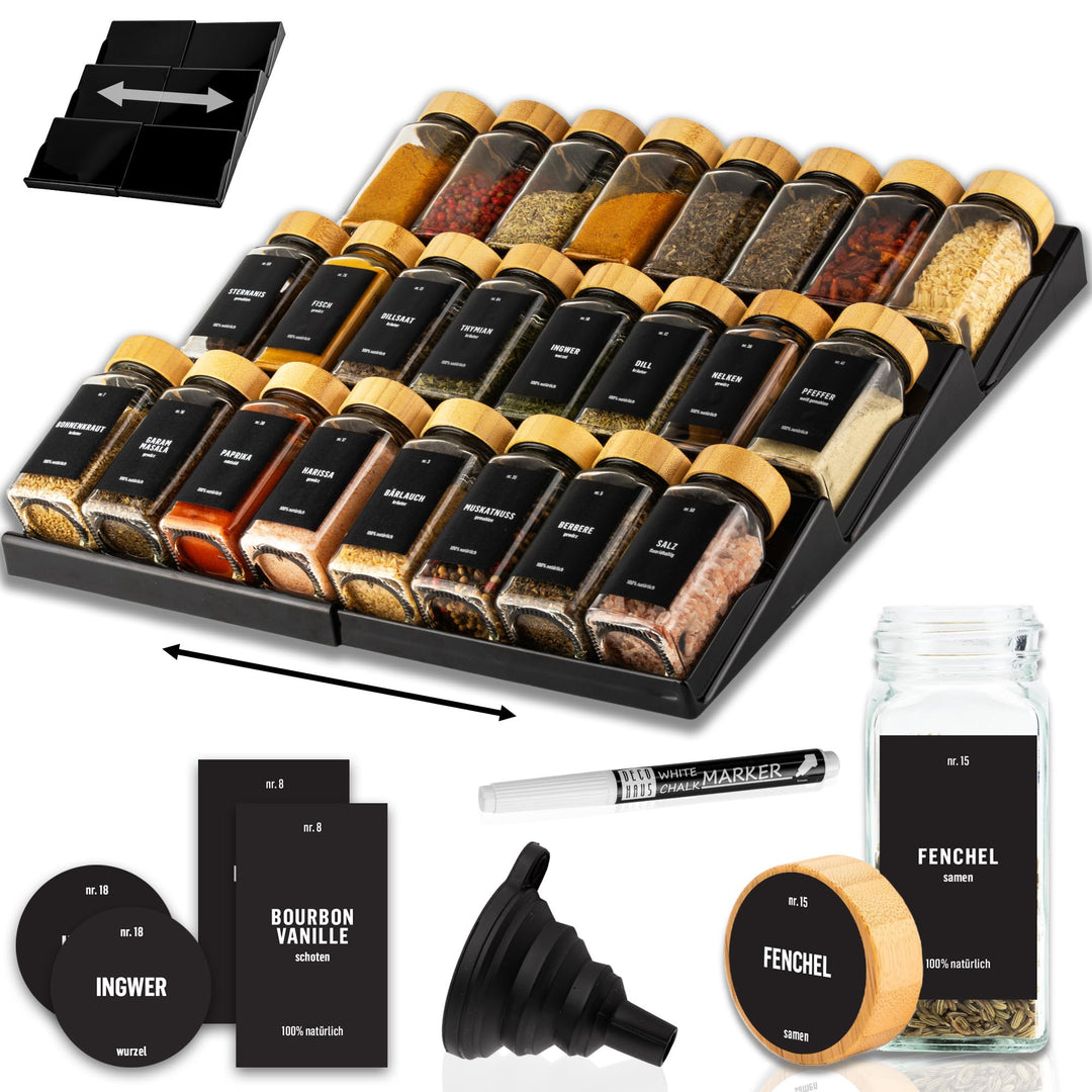 Deco haus® Gewürzregal Schublade [MIT 24 GEWÜRZGLÄSER & ETIKETTEN] - Gewürz Organizer Schublade - Ge