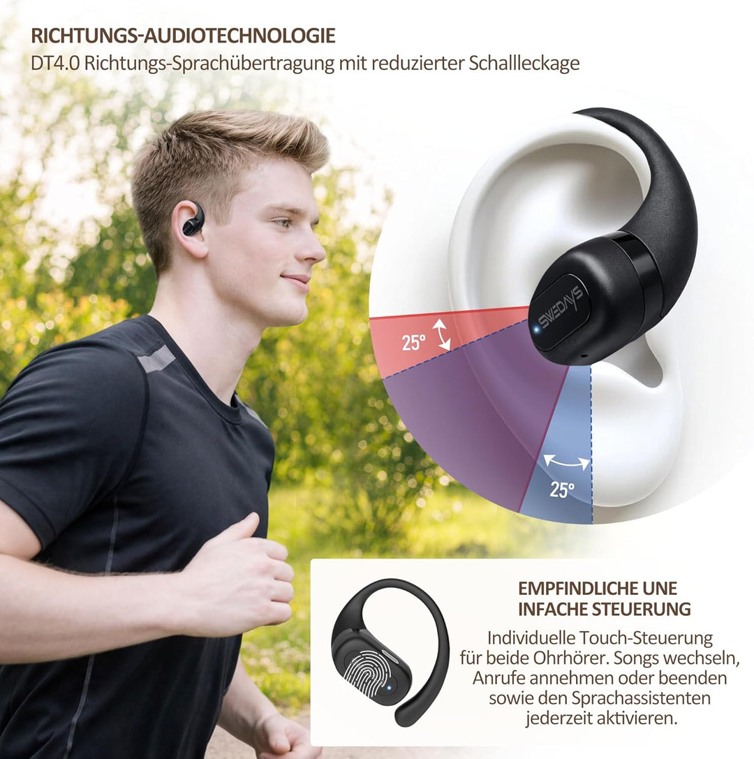 Open-Ear Kopfhörer – Bluetooth 5.4 Clip-On Ohrhörer mit Touch-Steuerung, ENC Geräuschreduzierung für