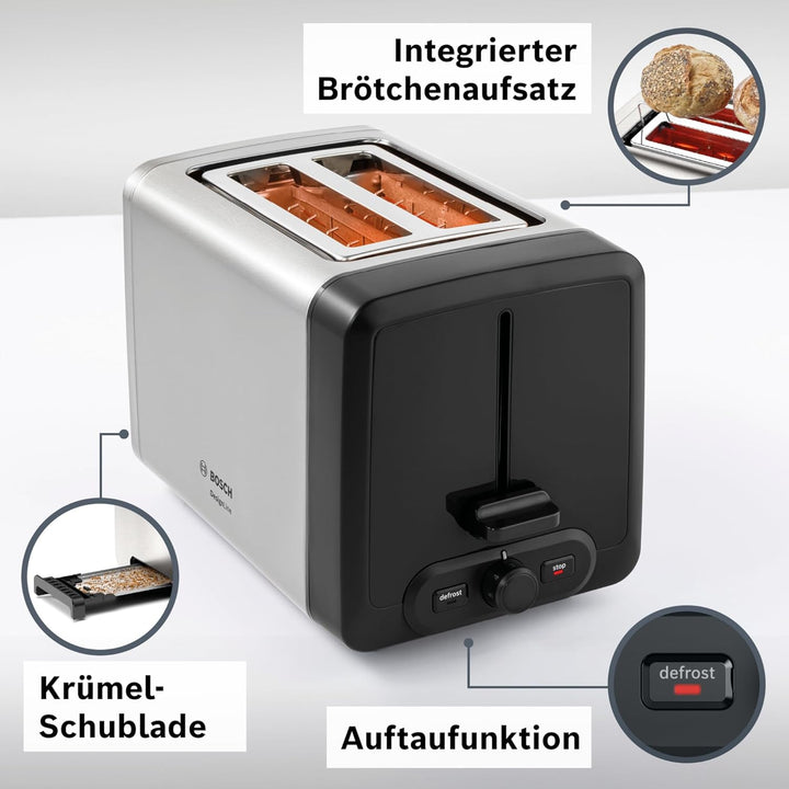 Bosch Kompakt Toaster DesignLine TAT4P420DE, integrierter Edelstahl-Brötchenaufsatz, mit Abschaltaut