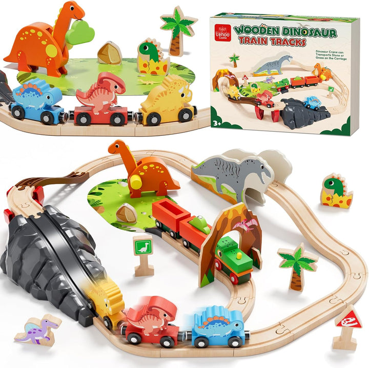 Lehoo Castle Holzeisenbahn, Holz Eisenbahn Kinder, Dinosaurier Spielzeug Holzeisenbahn Schienen, Din
