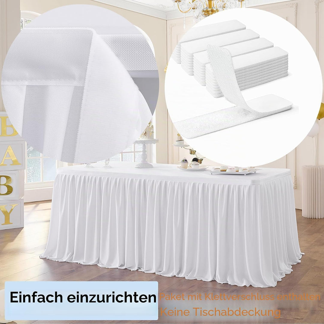 NSSONBEN 244cm White Polyester Table Skirts for Rectangle Tables, Wrinkle Free Ruffle Pleats Cloth T