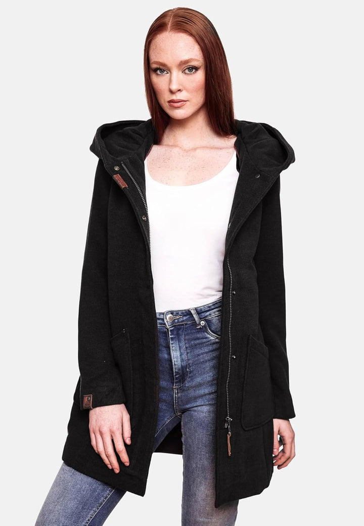 MARIKOO Damen Mantel Trenchcoat Wintermantel Übergangs Jacke Parka Lang B819 S Schwarz, S Schwarz