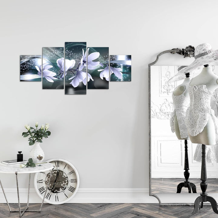 Runa Art Wandbilder Blumen Magnolien 5 Teilig Bild auf Vlies Leinwand Deko Wohnzimmer Grau Blau 2070