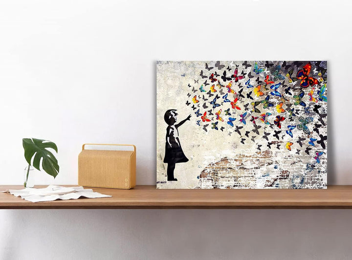 Graffiti-Strassen-Wandkunst, Banksy-Gemälde, Kunstwerk, gross, gerahmt, Graffiti-Mädchen mit Schmett