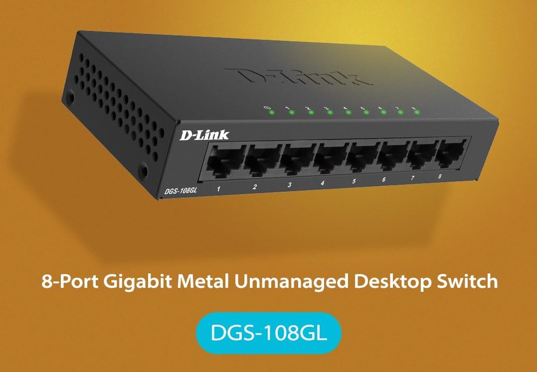 D-Link DGS-108GL 8-Port Unmanaged Gigabit Switch (ohne Lüfter, Low Profile Metallgehäuse, Desktop, P