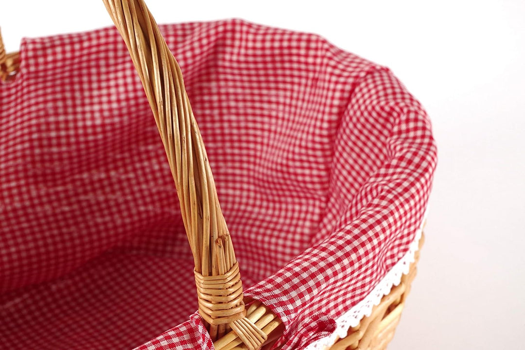 Kobolo Einkaufskorb geflochten Weide - mit Textil ausgeschlagen - rot weiss kariert - 45x34x20 cm