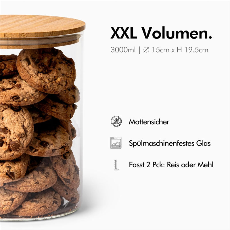 KIVY Grosses Vorratsglas Luftdicht 3L - Für Mehl, Kekse, Süssigkeiten, Waschmittel Aufbewahrung Glas