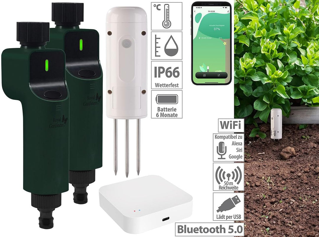 Luminea Home Control Temperatursensoren TUYA: BodenFeuchtigkeits&Temperatursensor,ZigbeeGateway,2X B