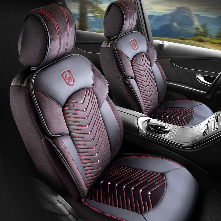 Autositzbezüge Universal für PKW & SUV – Premium Vordersitze Auto Sitzbezug aus Samt, Schwarz-Rot, A