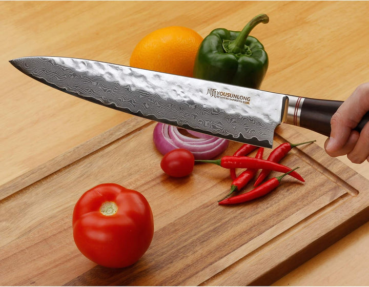 YOUSUNLONG Kochmesser 10 Zoll Pro Gyuto Japanisch Gehämmerter Damaststahl Natur Bleiholzgriff mit Le