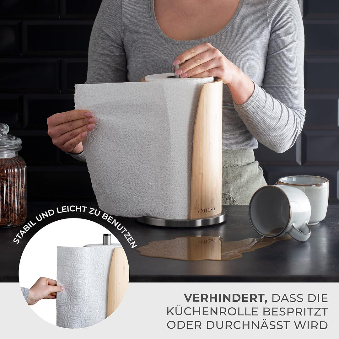 EXITOSO Küchenrollenhalter Bambus - Halter Küchenrolle Edelstahl - Küchentuchhalter - Küchenrollenha
