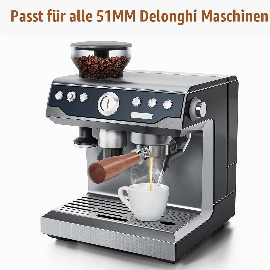 Aoresac Siebträger 51mm aus Massivholz, Bodenloser Siebträger 51mm mit 2 Filterkörben, Ersatz für De