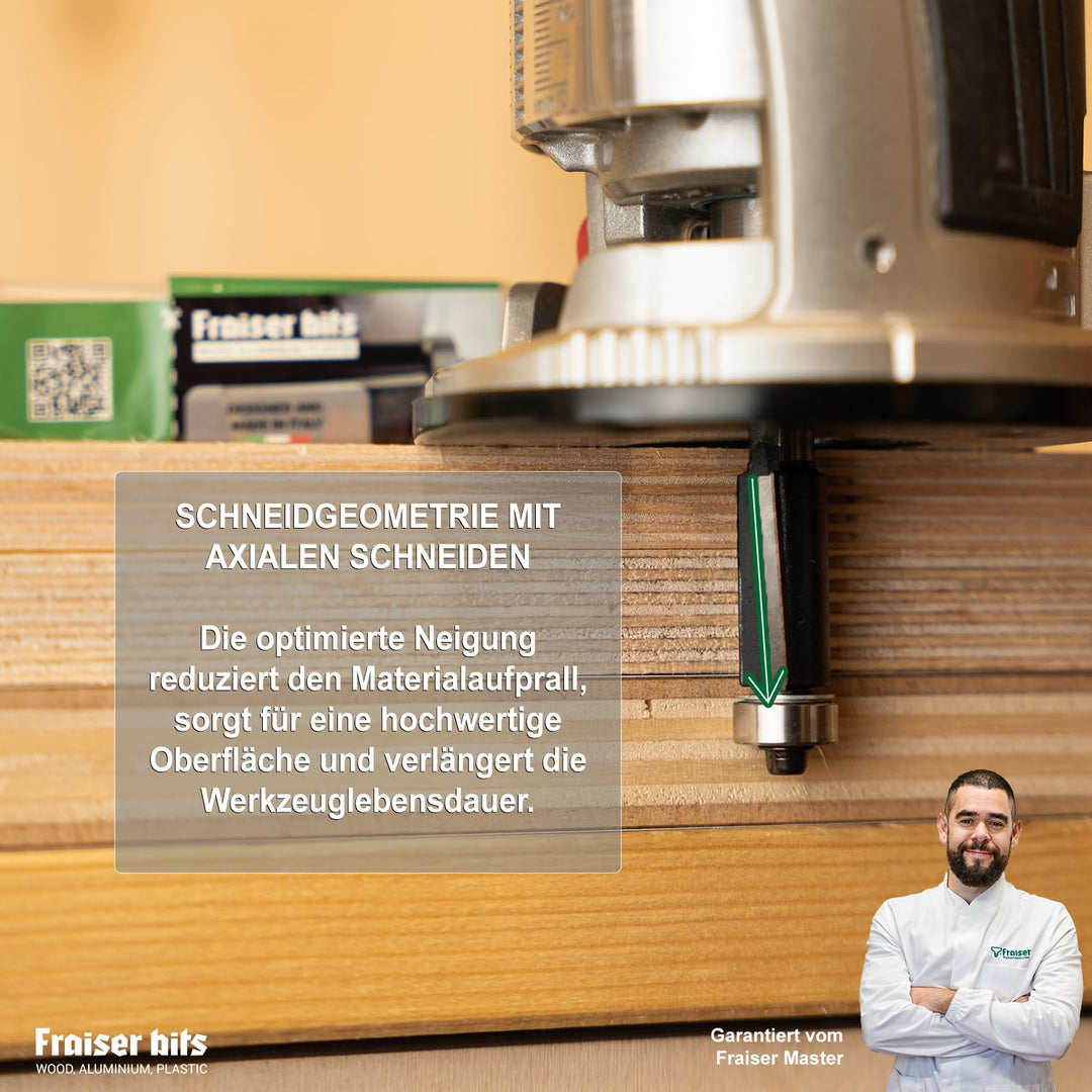 Fraiser Bündigfräser mit Anlaufring unten - 2 HM-Schneiden, Schnitthöhe 50 mm, Schaft 12 mm - für Ob