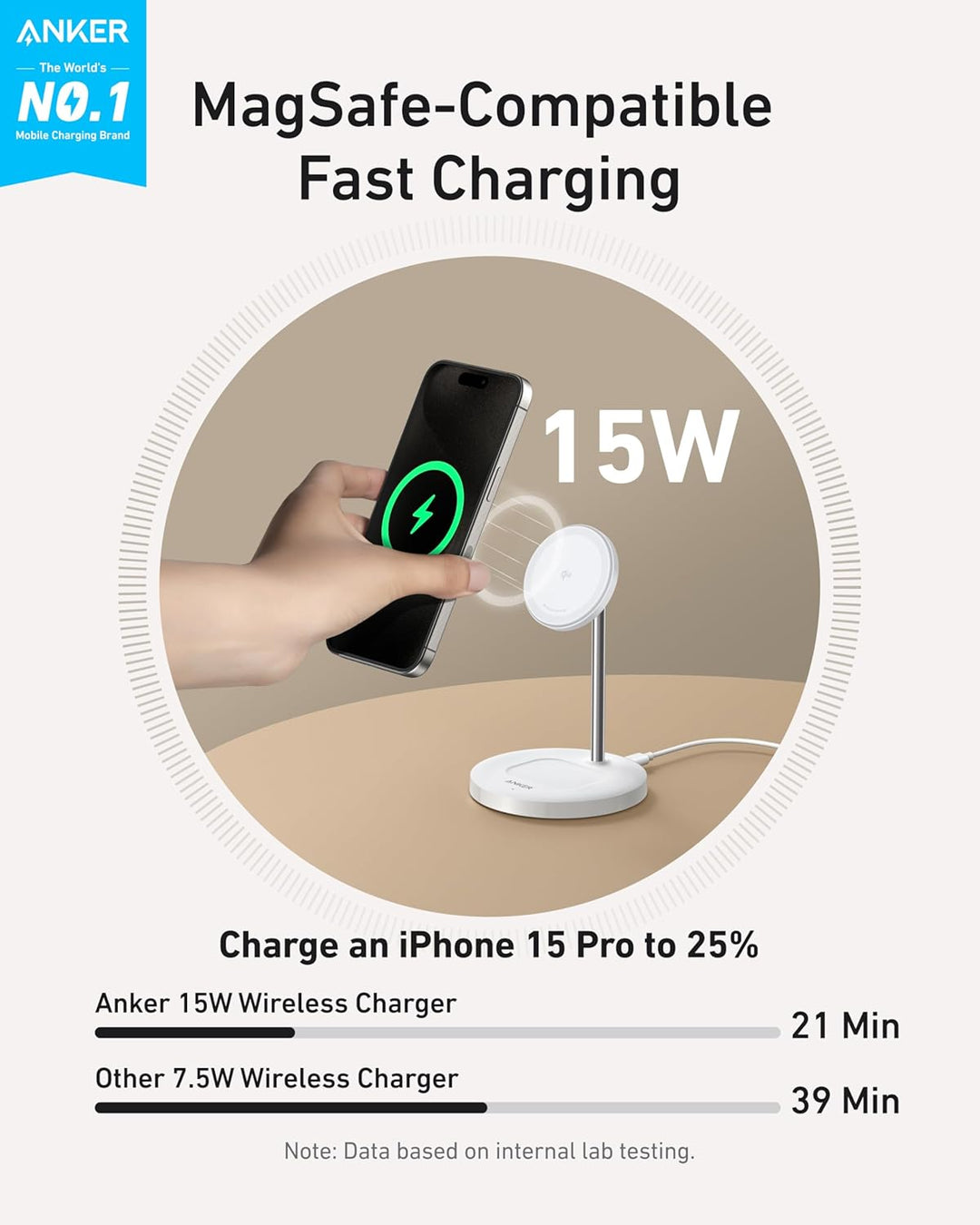 Anker MagGo 15W Magsafe Ladegerät kompatibel, 2-in-1 Induktive Ladestation, Qi2 Wireless Charger für