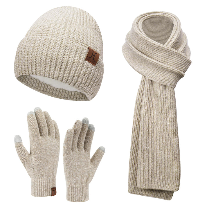 ZASFOU Damen Winter Mütze Schal Touchscreen Handschuhe Set Thermo Beanie Wintermütze Strickmütze Sch