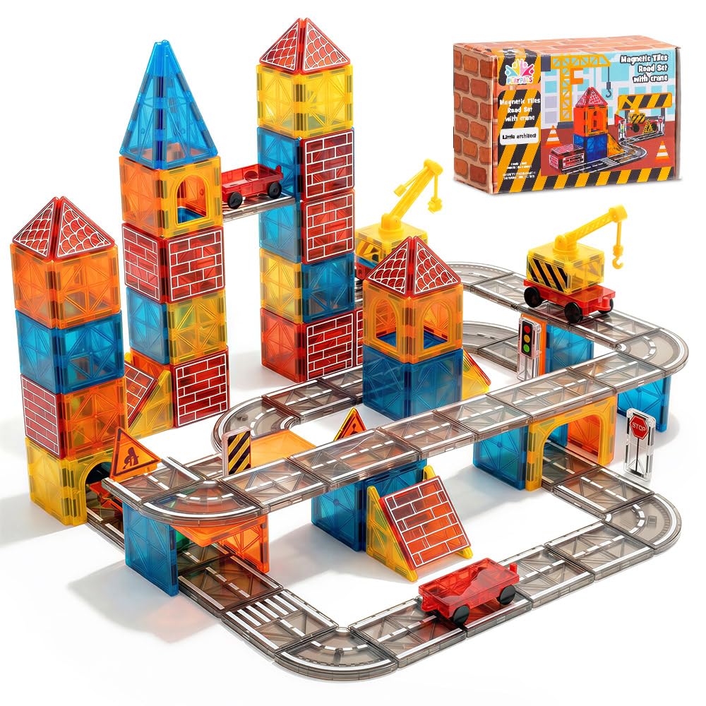 Playpals Magnetische Bausteine Stadt-Strassenset, 40-teilig mit Kran | STEM-Lernen, Verkehrszeichen,