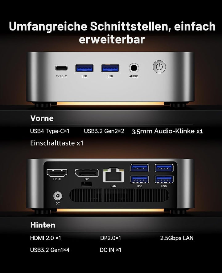 ACEMAGIC W1 Mini PC,AMD Ryzen 7 H255(8C/16T, bis zu 4,9 GHz),16GB LPDDR5 (6400MT/s) 512GB NVMe SSD M