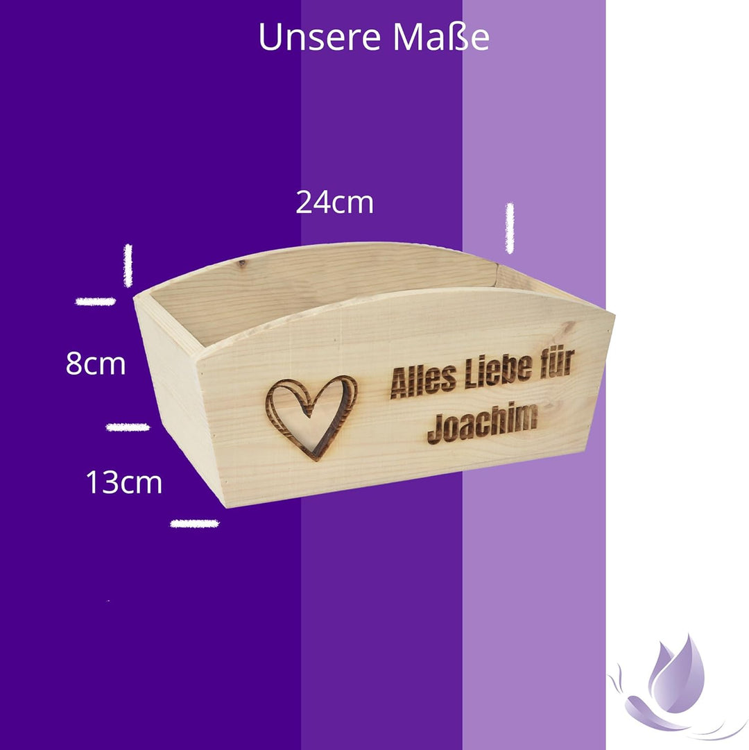 Geschenkkorb Personalisierbar Wunschtext mit Herz 24x13x8cm Abgerundet Präsentkorb Holz Geschenkidee