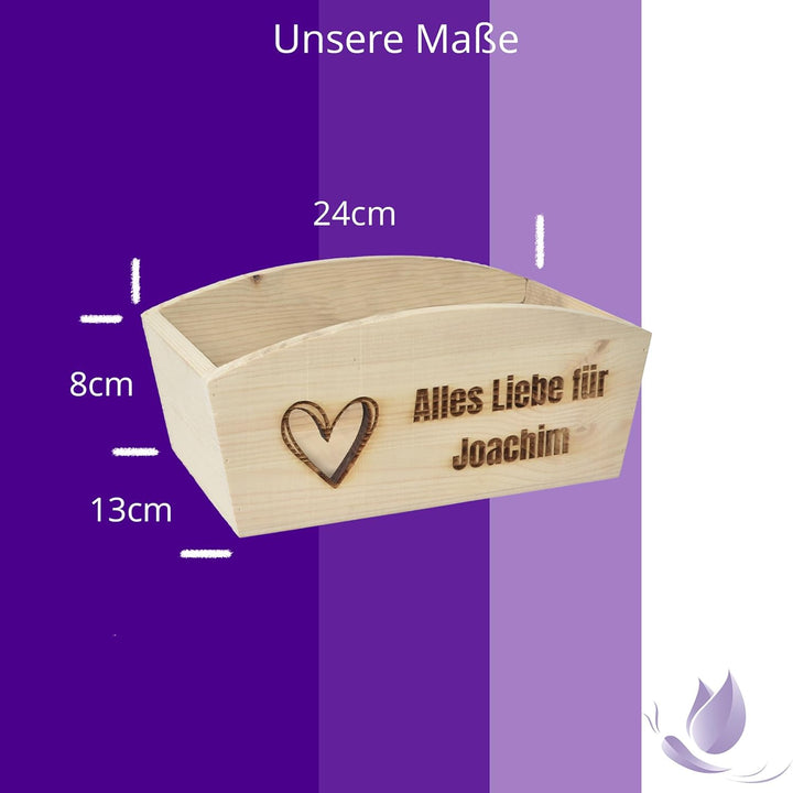 Geschenkkorb Personalisierbar Wunschtext mit Herz 24x13x8cm Abgerundet Präsentkorb Holz Geschenkidee