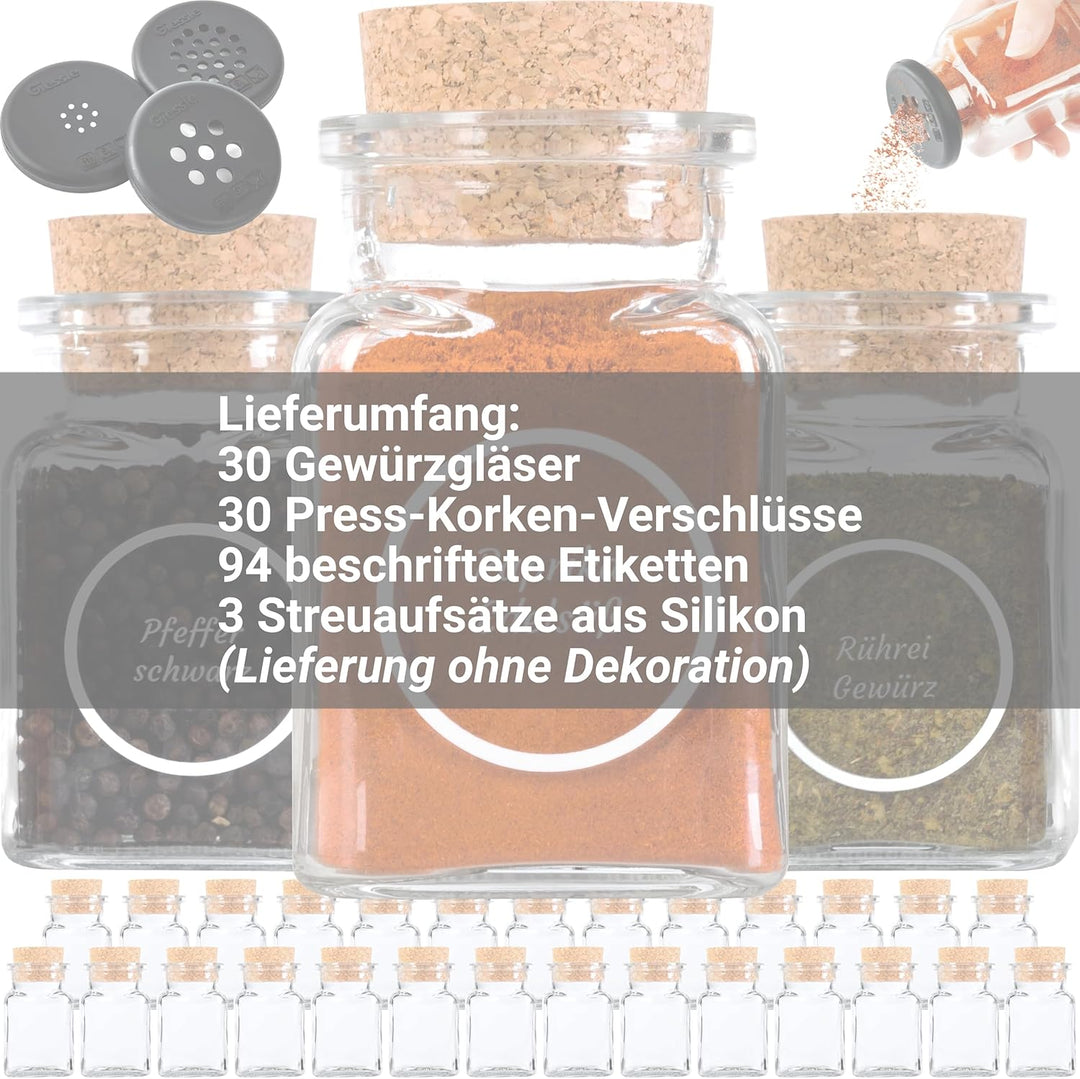 GIESSLE 30x Gewürzgläser mit 94x Etiketten im Set mit Korkverschluss Vorratsgläser Gewürzdosen