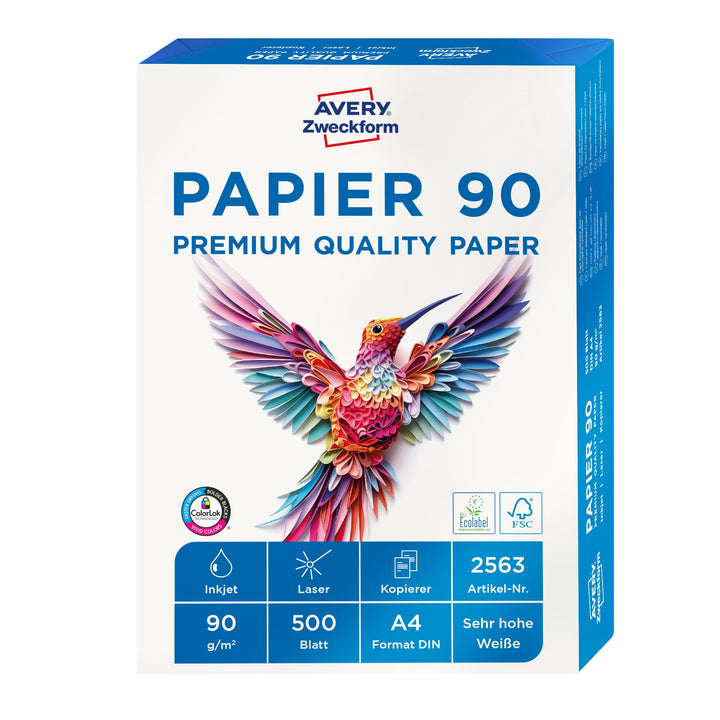 AVERY Zweckform 2563 Drucker-/Kopierpapier (500 Blatt, 90 g/m², DIN A4 Papier, hochweiss, für alle D