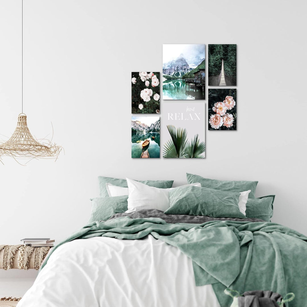 Novart Wandbilder Set See Berge grün Natur - KEIN EXTRA RAHMEN BENÖTIGT - Modern Deko - Wohnzimmer S