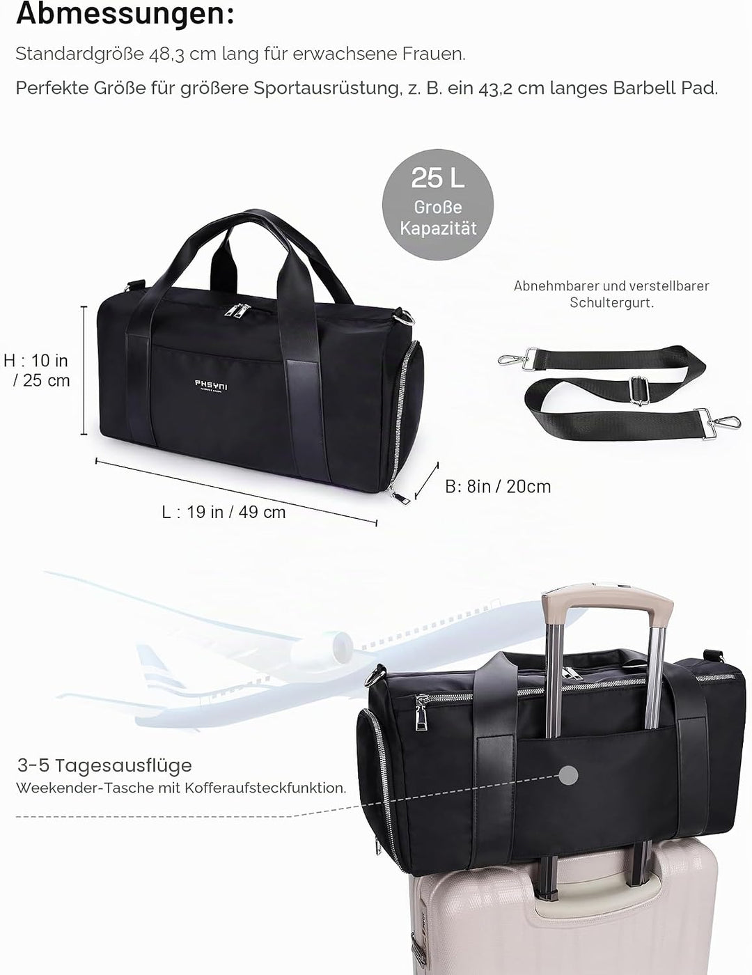 19 Zoll Sporttasche Reisetasche für Damen,wasserdichte Handgepäcktasche,Trainingstasche für Reisen S