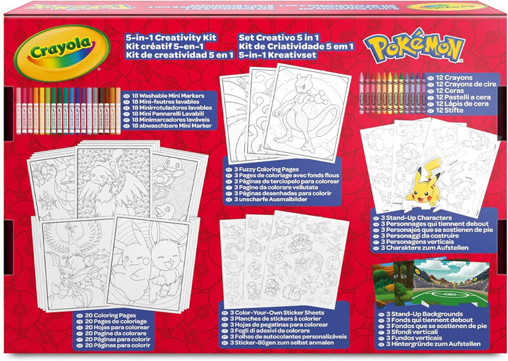CRAYOLA - Pokémon 5-in-1 Kreativset, mit Ausmalblättern, Markern, Buntstiften, Aufklebern, 60 Stück,