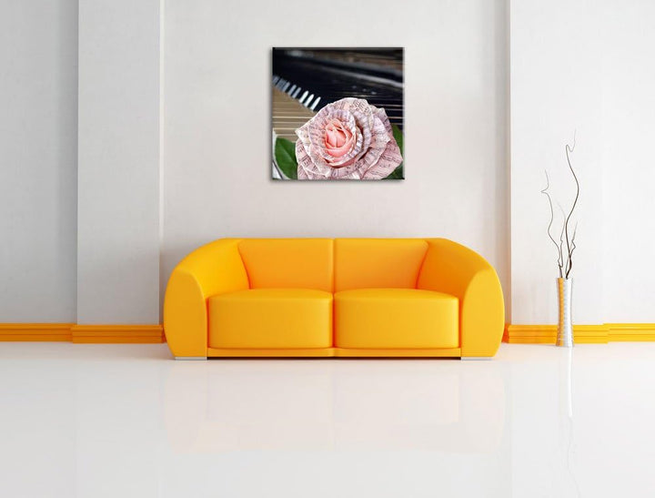 Pixxprint Noten auf zarter Rose neben Klavier, Format: 70x70 auf Leinwand, 70x70