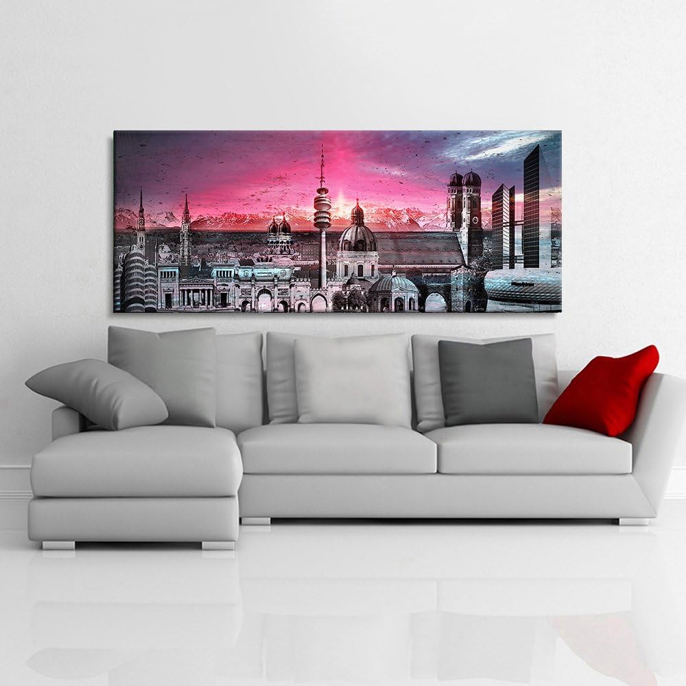 Julia-Art Leinwandbilder - 100 mal 40 cm Bild München Skyline, Stadt Wandbilder sind fertig gerahmt