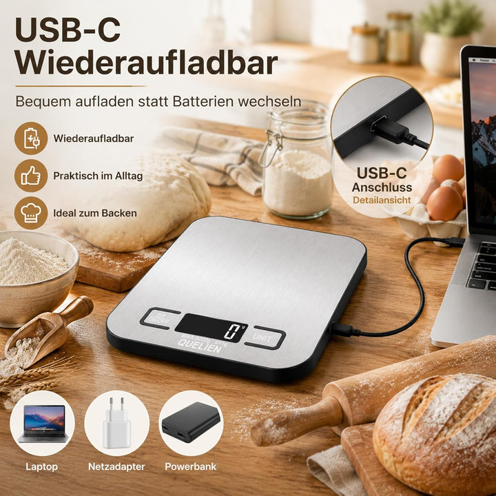Digitale Küchenwaage Aus Edelstahl, USB-Aufladbar, 5 kg/1 g Präzision, 6 Einheiten, Tara-Funktion, L