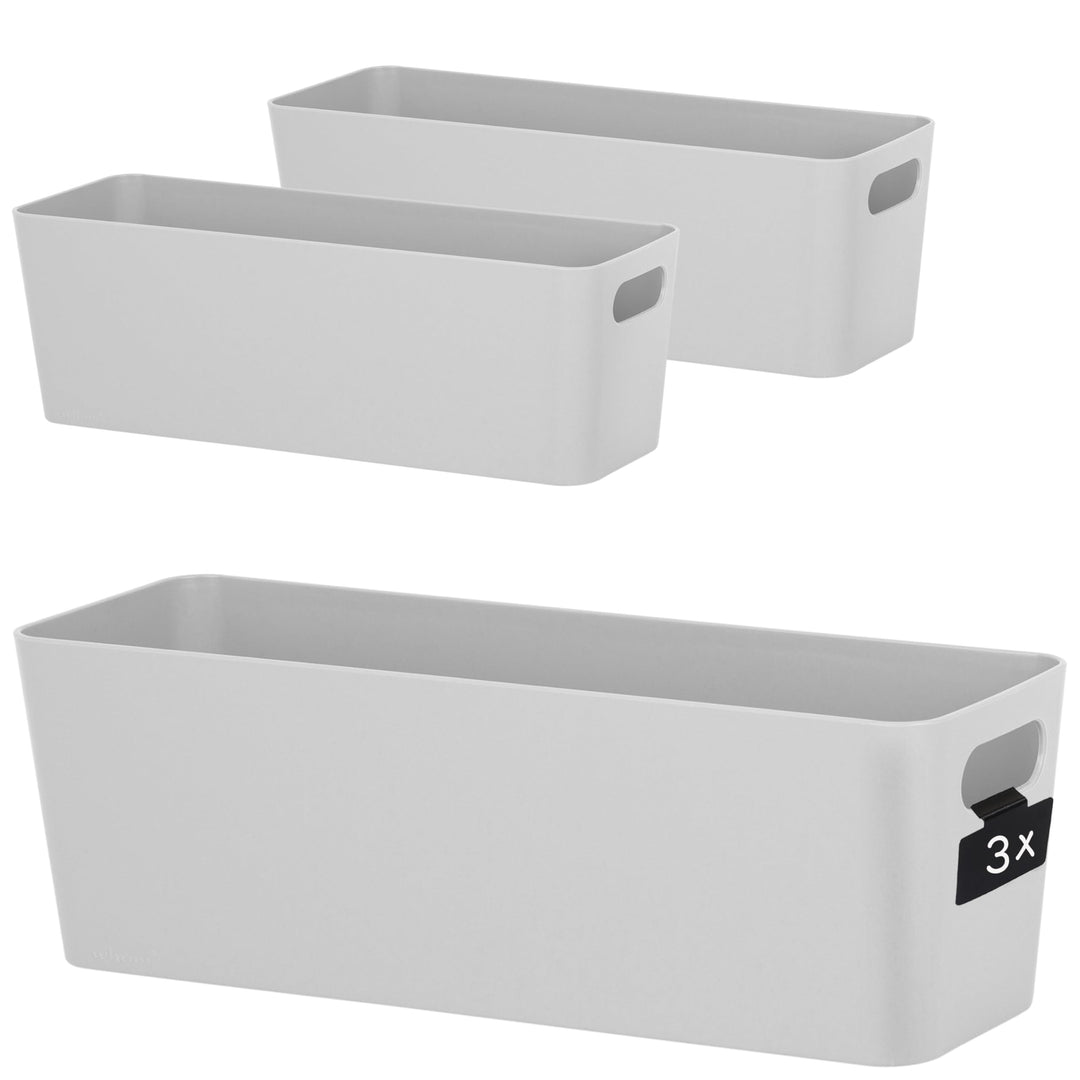 Hummelladen 3x Ordnungsbox 10 cm hoch - GRAU - 30x10x10cm 2 Liter - mit Beschriftungsclip Ordnungsko