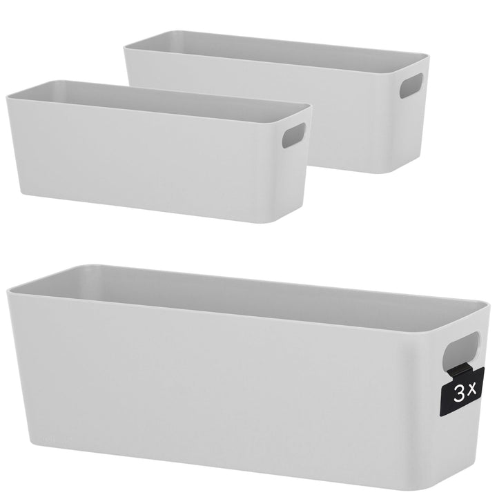 Hummelladen 3x Ordnungsbox 10 cm hoch - GRAU - 30x10x10cm 2 Liter - mit Beschriftungsclip Ordnungsko