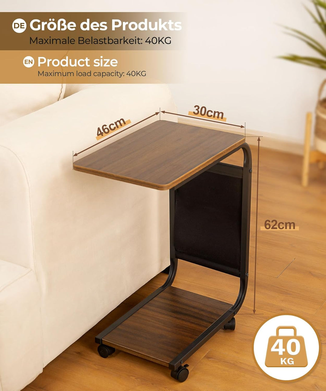 Yorbay Beistelltisch Holz Couch, Sofatisch mit Rollen und Aufbewahrungstasche, C Form Mobiler Kaffee