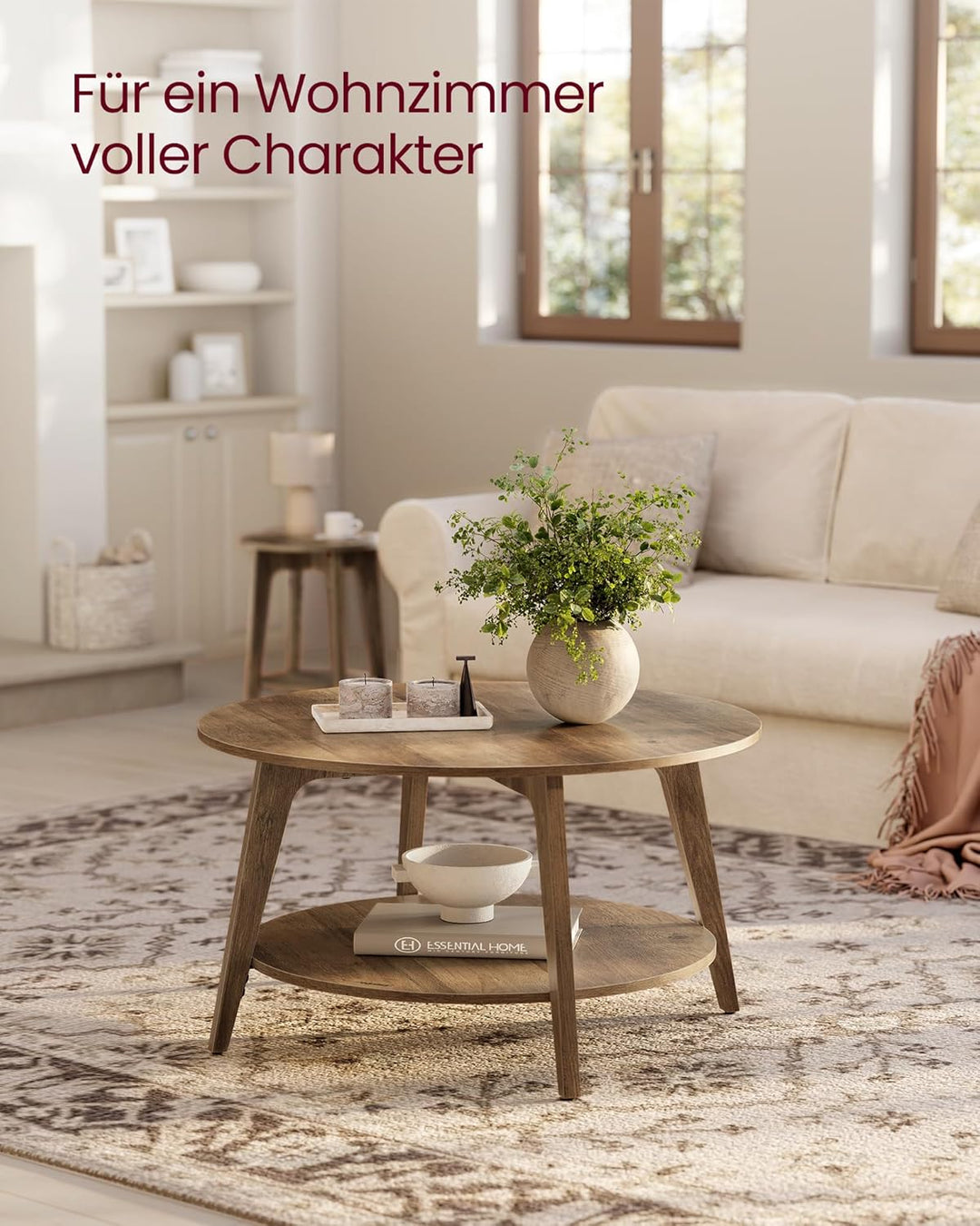 VASAGLE Couchtisch rund, Wohnzimmertisch 2 Ebenen, Kaffeetisch für Wohnzimmer, 80 cm d, 45 cm H, ein