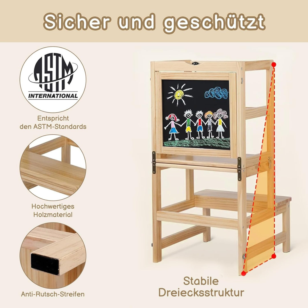 LEADZM Montessori Lernturm ab 18 Monaten - Lernstuhl für Kinder aus Massivholz, Klappbarer Lernturm,