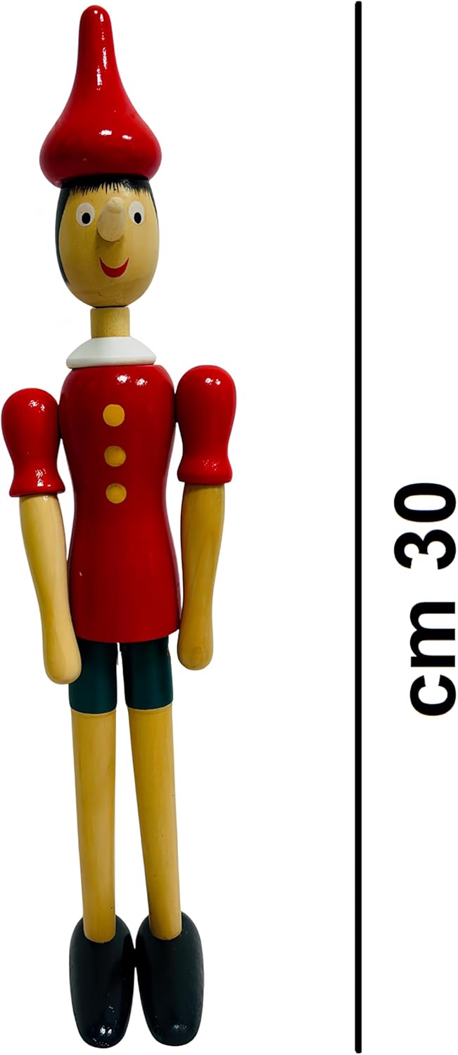 Pinocchiio aus Massivholz, 30 cm, beweglich, Handpuppe aus Holz, bemalt, Höhe 30 cm, mit Beinen, Arm